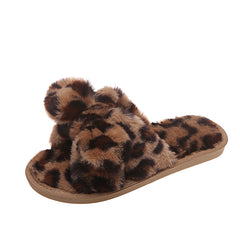 Leopard Print Fur Slippers for Women