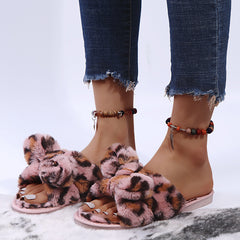Leopard Print Fur Slippers for Women