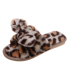 Leopard Print Fur Slippers for Women