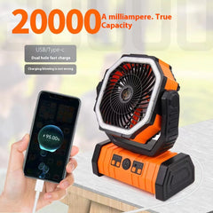 Portable Camping Fan with LED Light & Power Bank – Rechargeable Outdoor Fan
