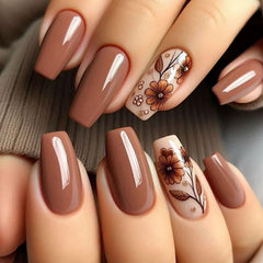 Medium Coffin Press-On Nails Brown Floral – Glossy Acrylic Fake Nails, Glue-On, 24PCS