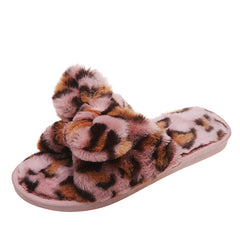 Leopard Print Fur Slippers for Women