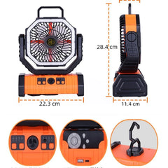 Portable Camping Fan with LED Light & Power Bank – Rechargeable Outdoor Fan